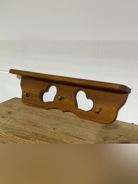 Classic Wooden Double Heart Cutout Wall Shelf in Warm Brown